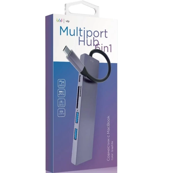 Адаптер USB-C Multiport Hub 6 в 1 "vlp", графитовый