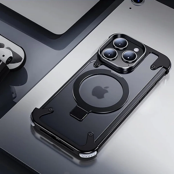 Чехол подставка из алюминиевого сплава для iPhone 15 Pro, черный (MagFit)